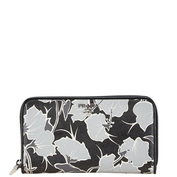 Prada Saffiano Zip-Around Long Wallet 1M0506 Black/Grey Leather Women's PRADA - Picture 1 of 10